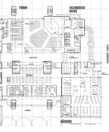 EG-Grundriss des Diesterweg-Gymnasiums mit innerer und äußerer Verbindung zwischen Wohnstraßen im Brunnenviertel (Pysall-Jensen-Stahrenberg, 1974-77). 