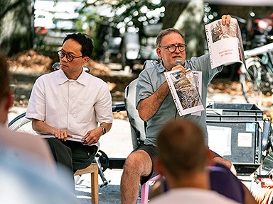 Statements und Diskussion KulturStadtQuartier (v.r.n.l.): Anh-Linh Ngo, Orhan Esen