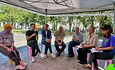 (v.l.n.r.): Ole Kloss, Mathias Schulz, Daniel Wesener, Dr. Michael Efler, Dr. Matthias Grünzig, Theresa Keilhacker und Ceren Türkmen. KulturStadtQuartier Molkenmarkt in Berlin-Mitte am 29.08.26