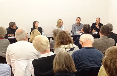 Podiumsdiskussion StadtWertSchätzen 2016, Podium Gesprächsreihe StadtWertSchätzen 2016: v.l.n.r. Uwe Rilke, Annalie Schoen, Kerstin Lassnig, Thomas Stellmach, Harald Bodenschatz