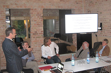 Podiumsdiskussion: Neues Bauen an der Michelangelostraße, v.l.n.r. Podiumsrunde Georg Balzer, Sören Benn, Roland Kuhn, Hans Schlag, Christa Model