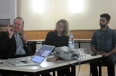 Stadtlabor 2050, 9.04.19, Panel: v.l.n.r. Eike Richter, Vorsitzender des Landesverband Bund Deutscher Landschaftsarchitekten (bdla); Claudia Reich-Schilcher, Senatsverwaltung für Stadtentwicklung und Wohnen; Yasser Almaamoun, www.plattformnachwuchsarchitekten.de